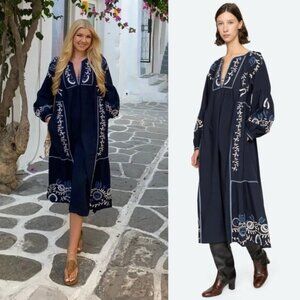 Sea New York Inga Embroidered Floral Navy Blue Long Sleeve Midi Dress Size XS